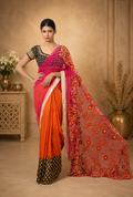 Orange & Pink Floral Embroidered Designer Saree with Black Brocade Border