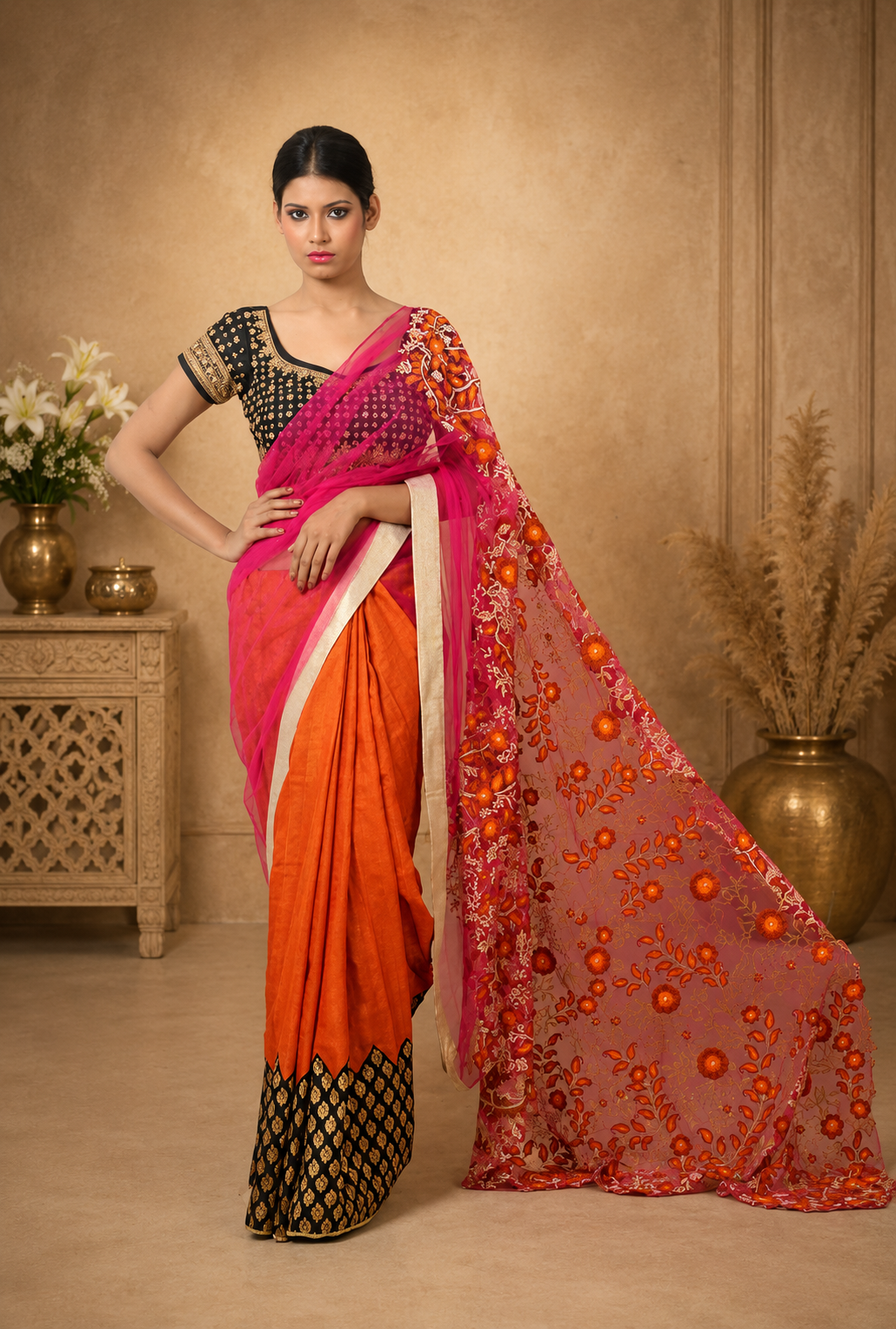 Orange & Pink Floral Embroidered Designer Saree with Black Brocade Border