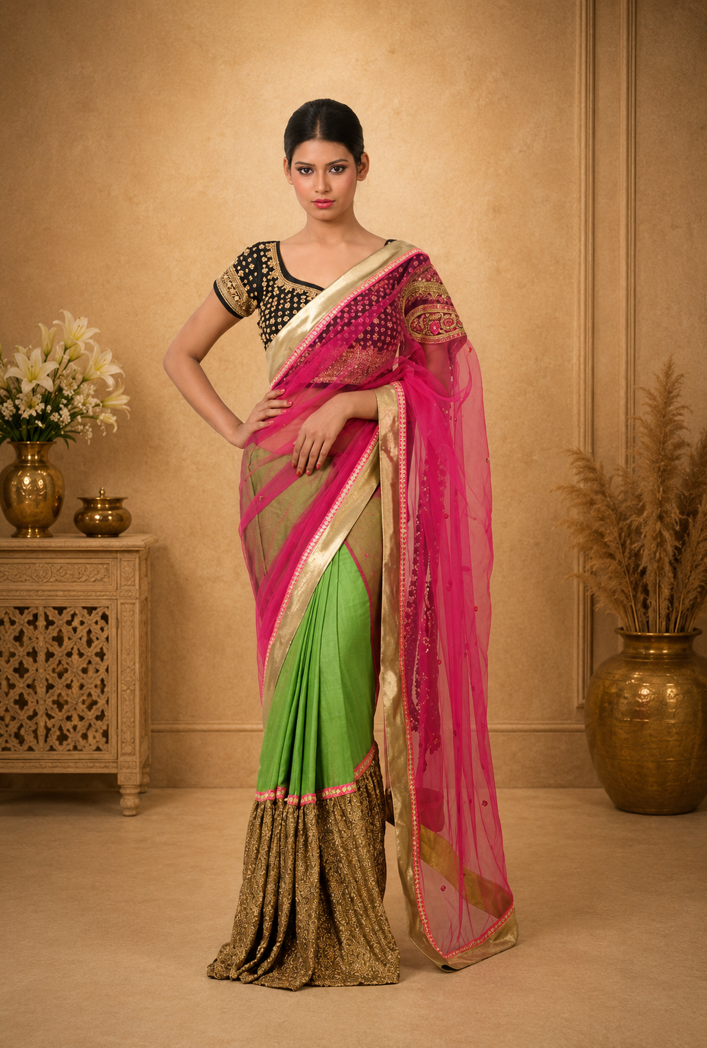 Elegant Dual-Tone Designer Saree with Embroidered Net Pallu