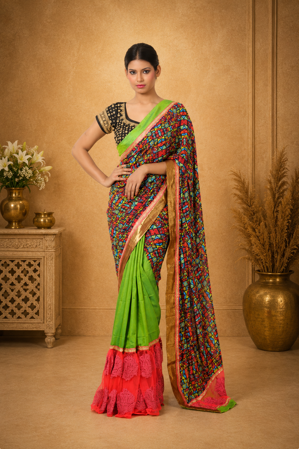 Vibrant Multicolor Designer Saree with Artistic Print & Green Drapes