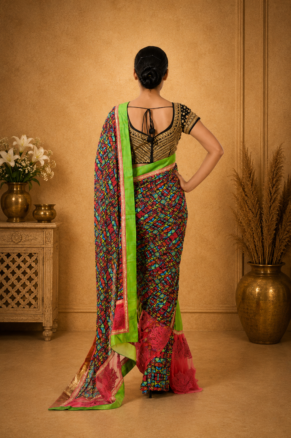 Vibrant Multicolor Designer Saree with Artistic Print & Green Drapes