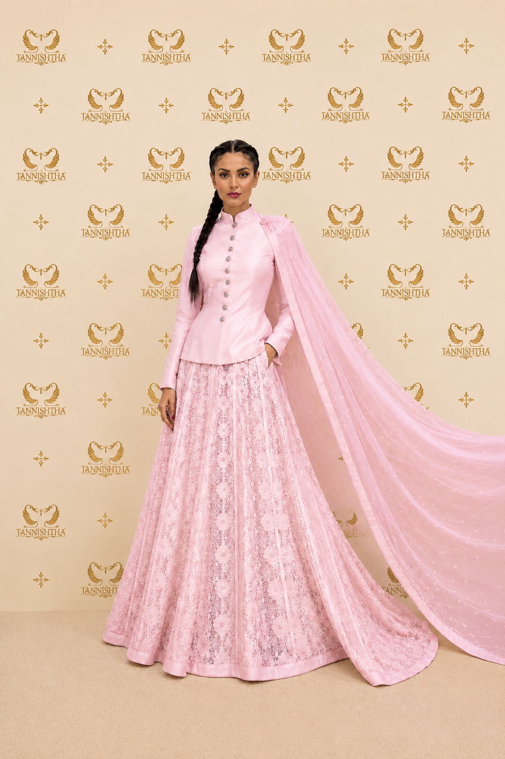 Blush Pink Couture Lehenga Set with Structured Jacket & Flowing Cape