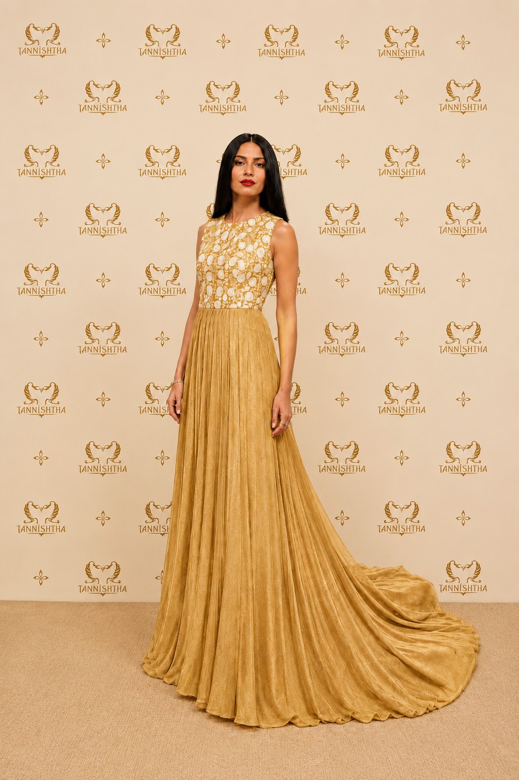 Golden Couture Evening Gown with Embellished Bodice