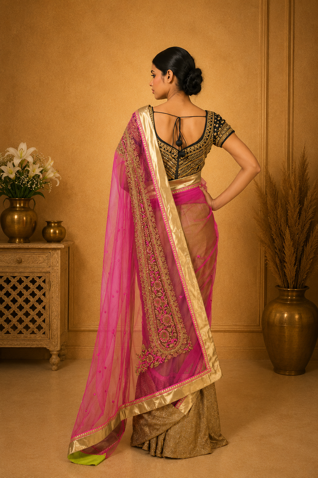 Elegant Dual-Tone Designer Saree with Embroidered Net Pallu