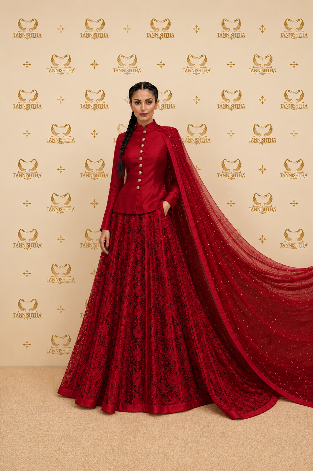 Regal Crimson Couture Lehenga Set with Structured Jacket & Embellished Cape