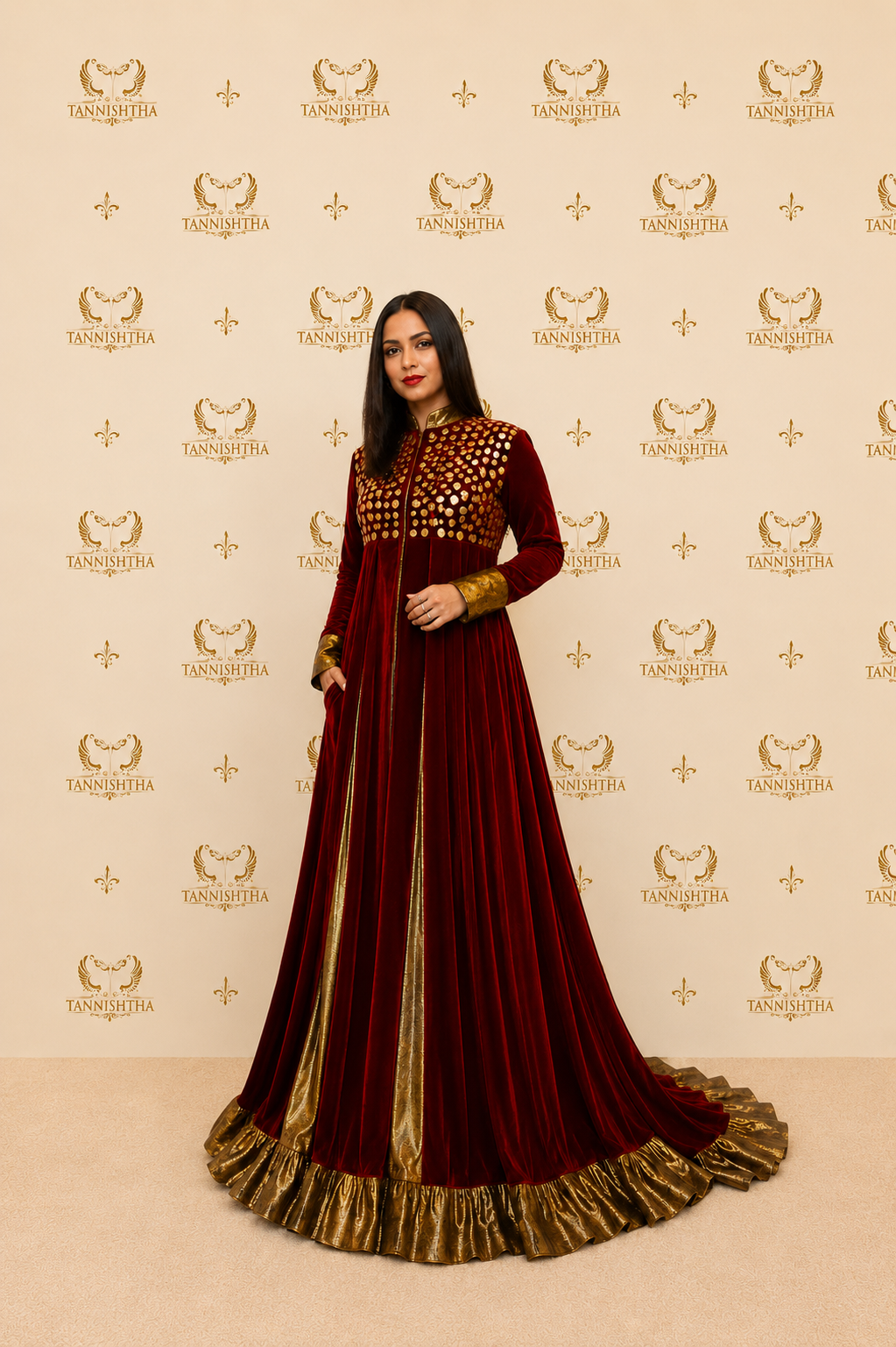 Royal Burgundy Velvet Couture Gown with Golden Embellishments
