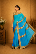 Elegant Sky Blue Georgette Saree with Shimmering Golden Border