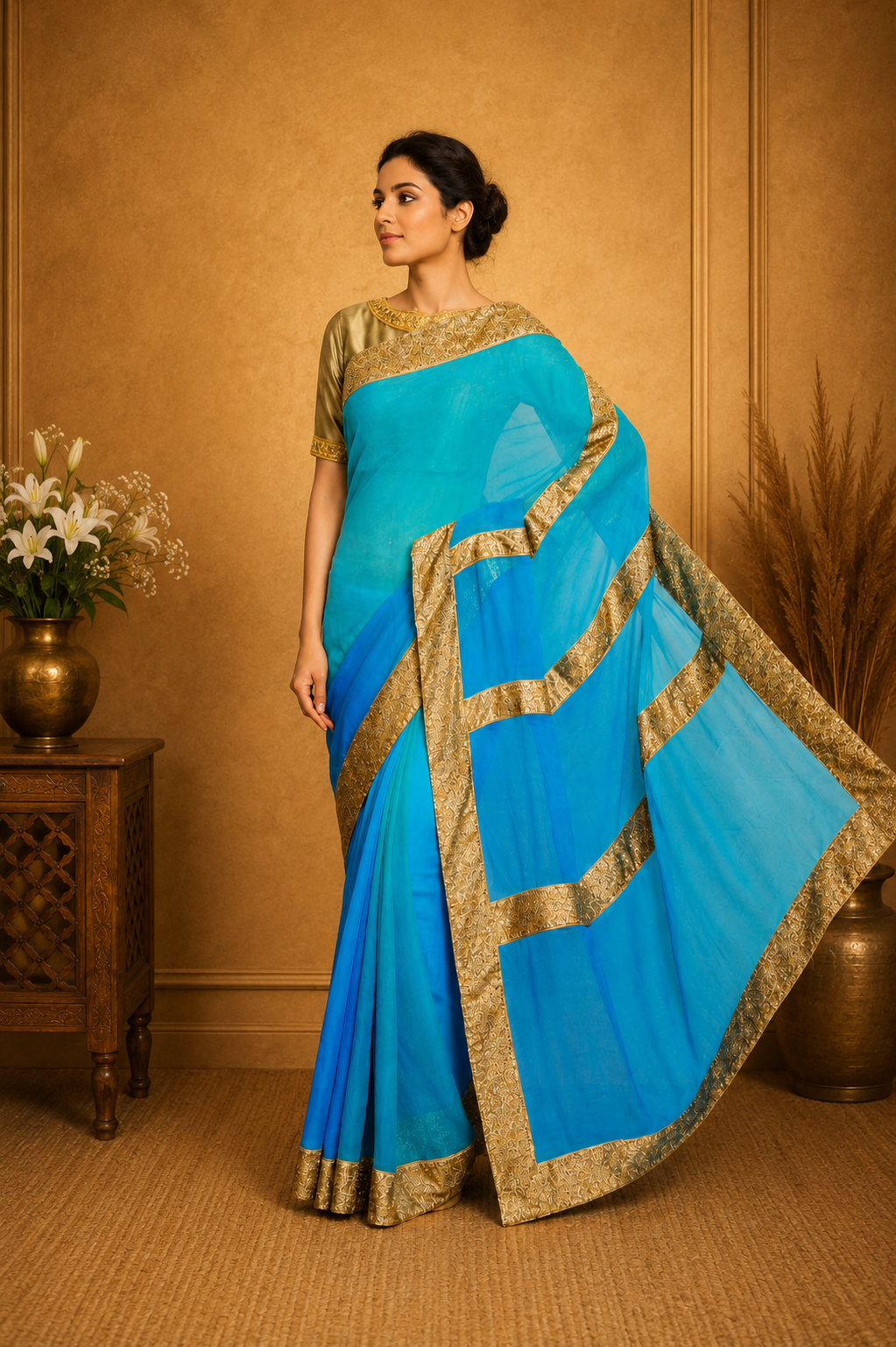 Elegant Sky Blue Georgette Saree with Shimmering Golden Border
