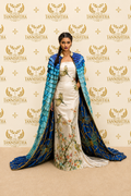 Ivory Couture Gown with Sapphire Embellished Regal Cape