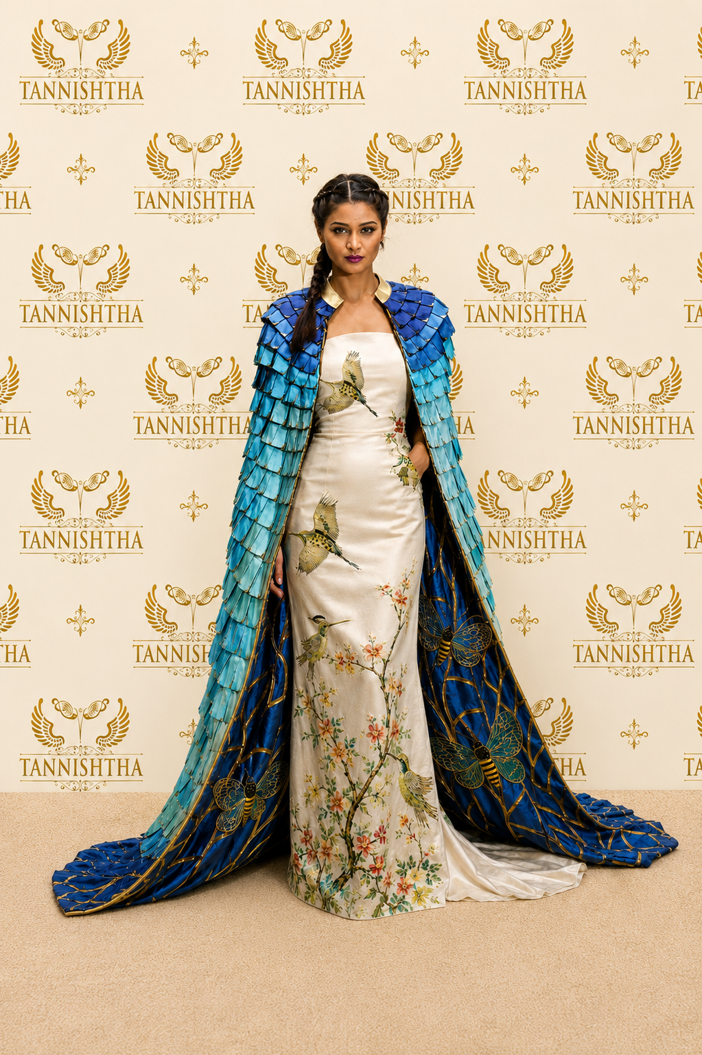 Ivory Couture Gown with Sapphire Embellished Regal Cape