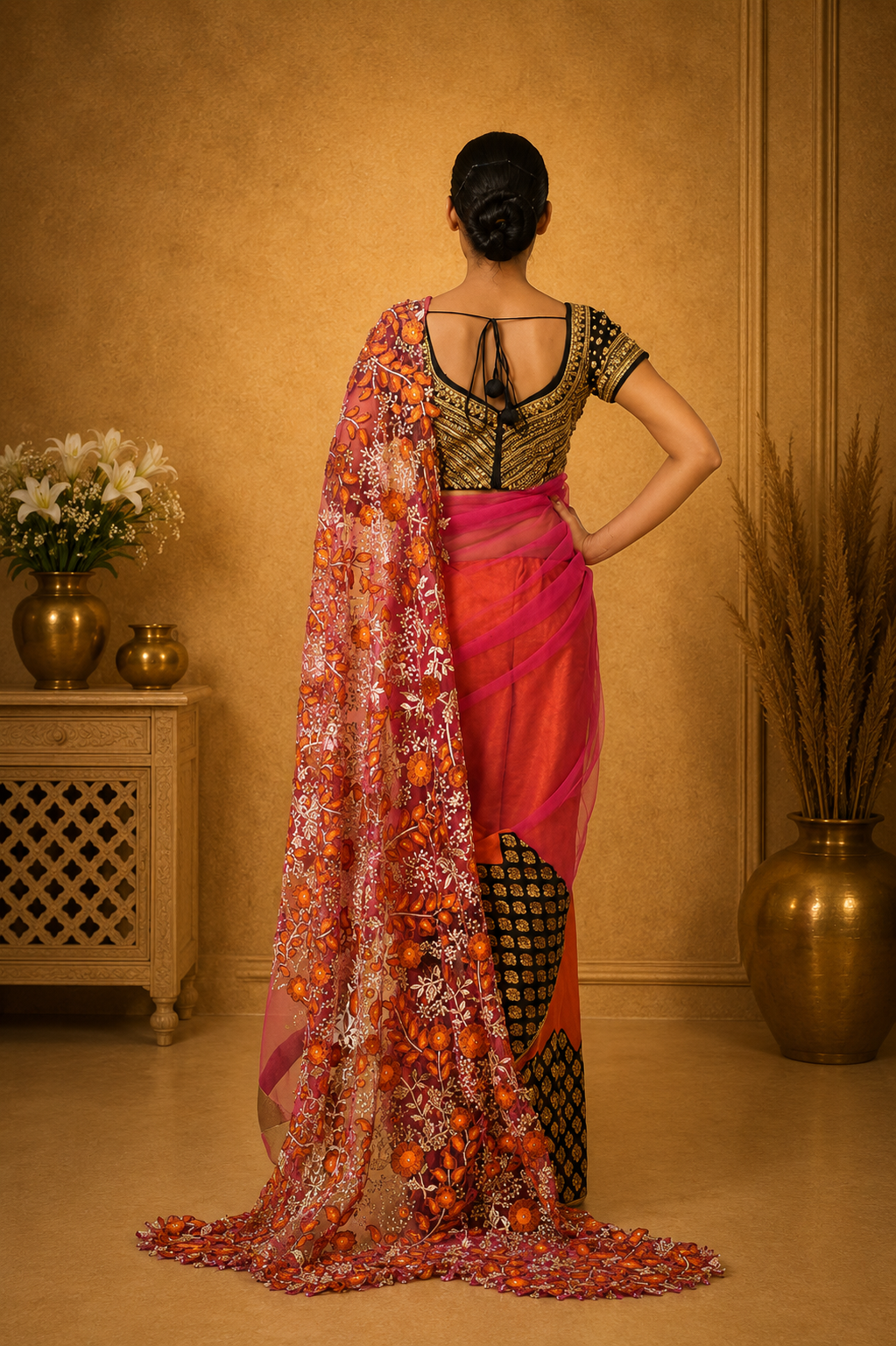 Orange & Pink Floral Embroidered Designer Saree with Black Brocade Border