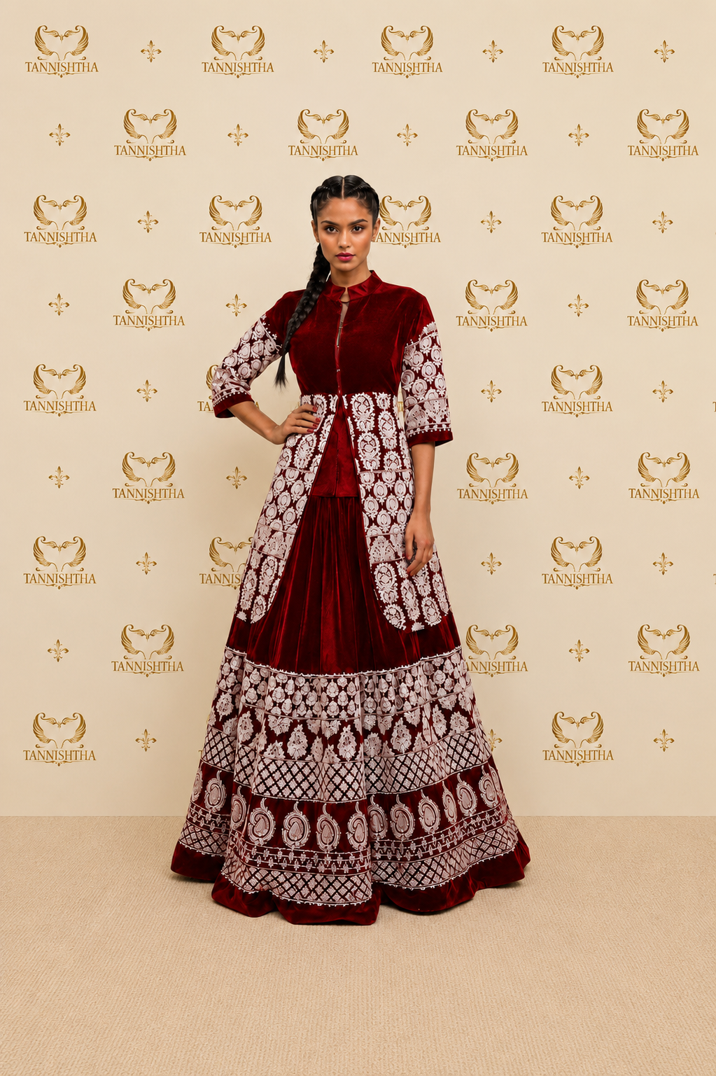 Royal Burgundy Velvet Lehenga Set with Intricate Ivory Embroidery
