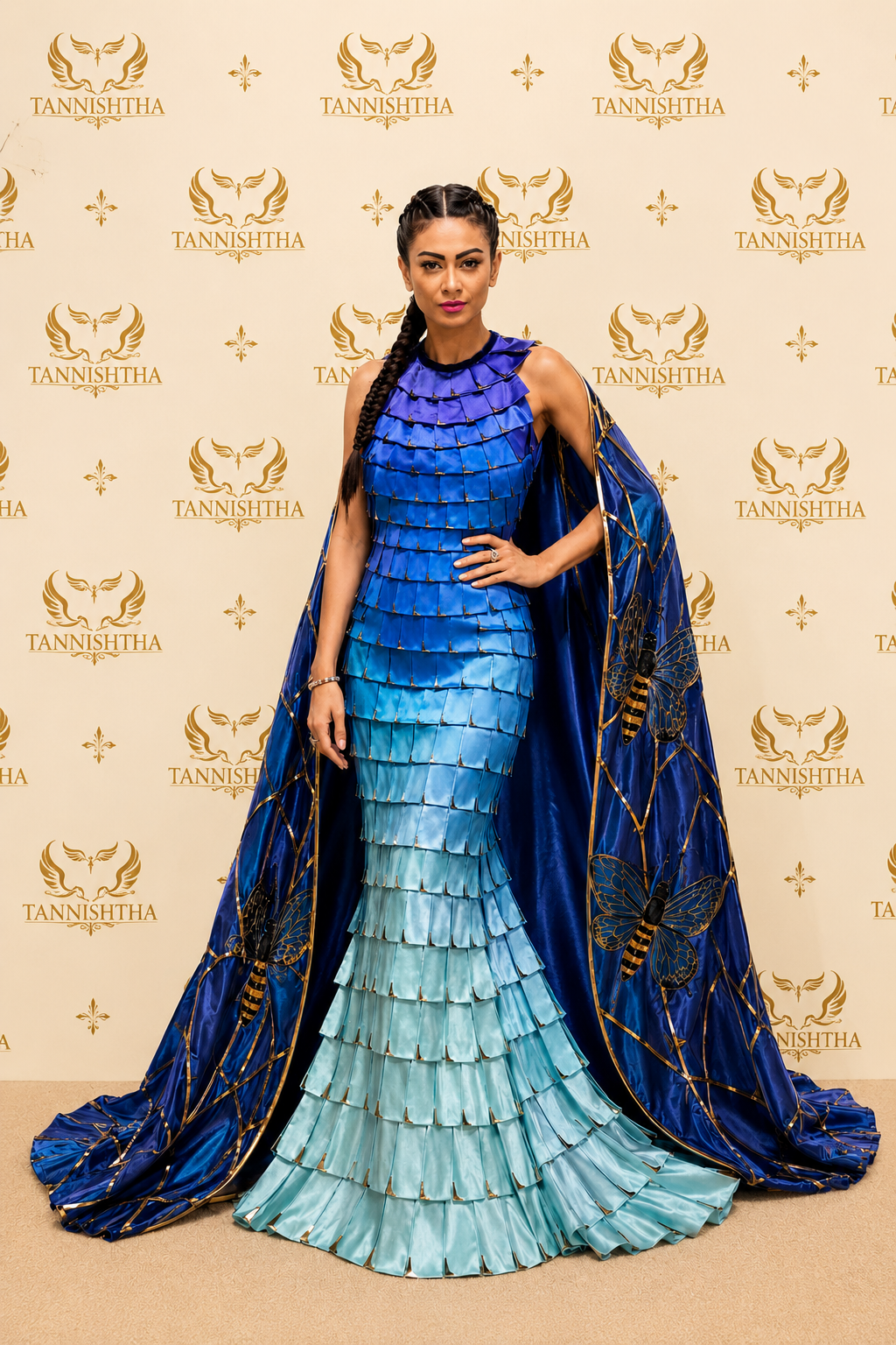 Oceanic Blue Couture Mermaid Gown with Regal Embellished Cape