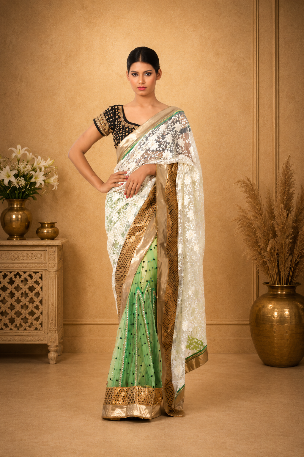 Graceful Ivory & Mint Green Designer Saree with Floral Net Embroidery