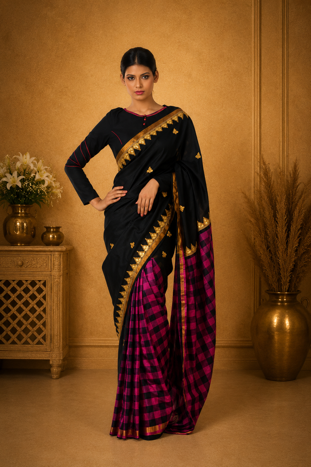 Classic Black & Magenta Checkered Designer Saree with Golden Border