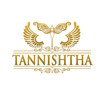 Gold logo with wings and the name 'Tannishtha' on a beige background