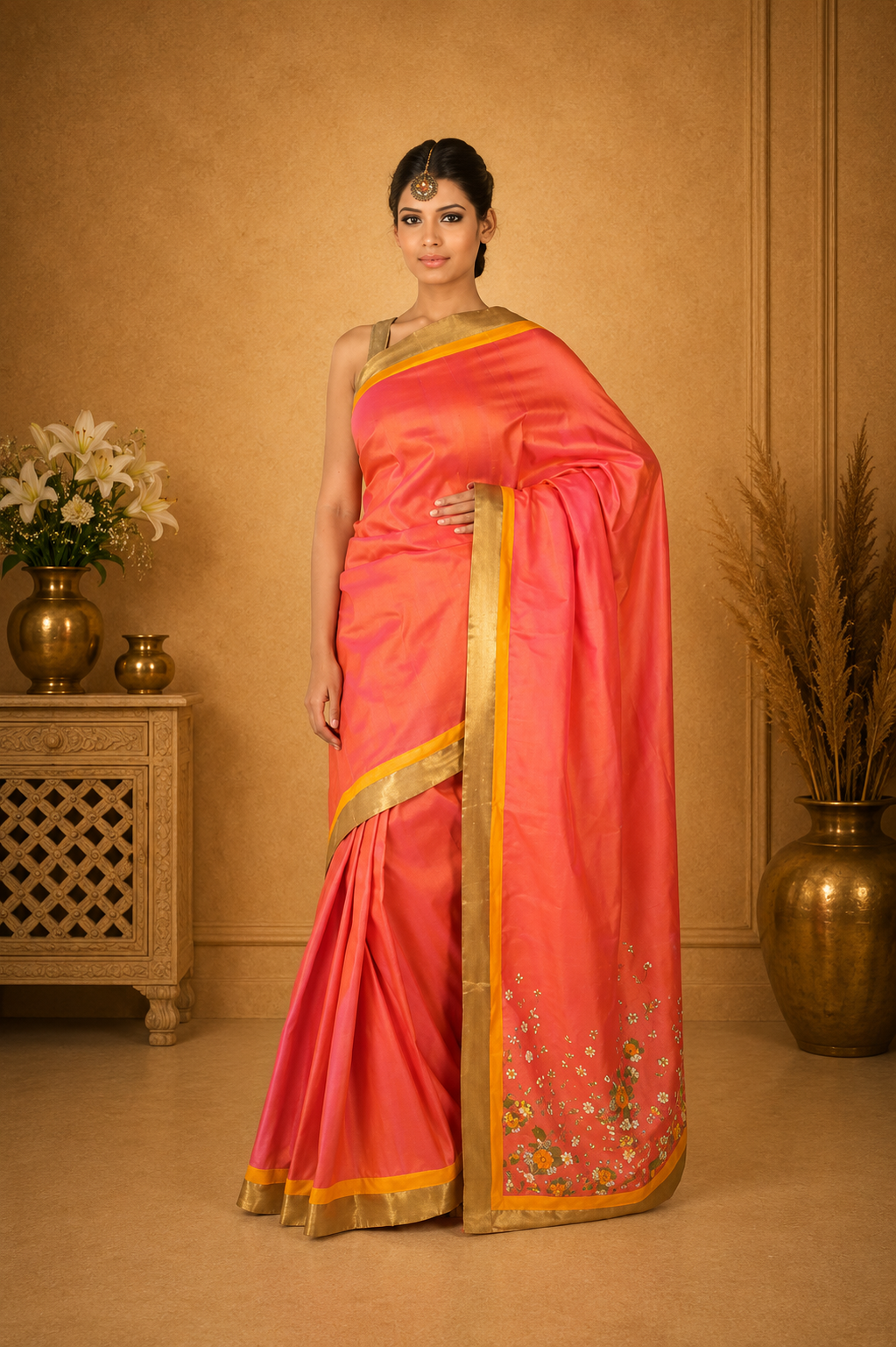 Elegant Coral Pink Silk Saree with Golden Zari Border