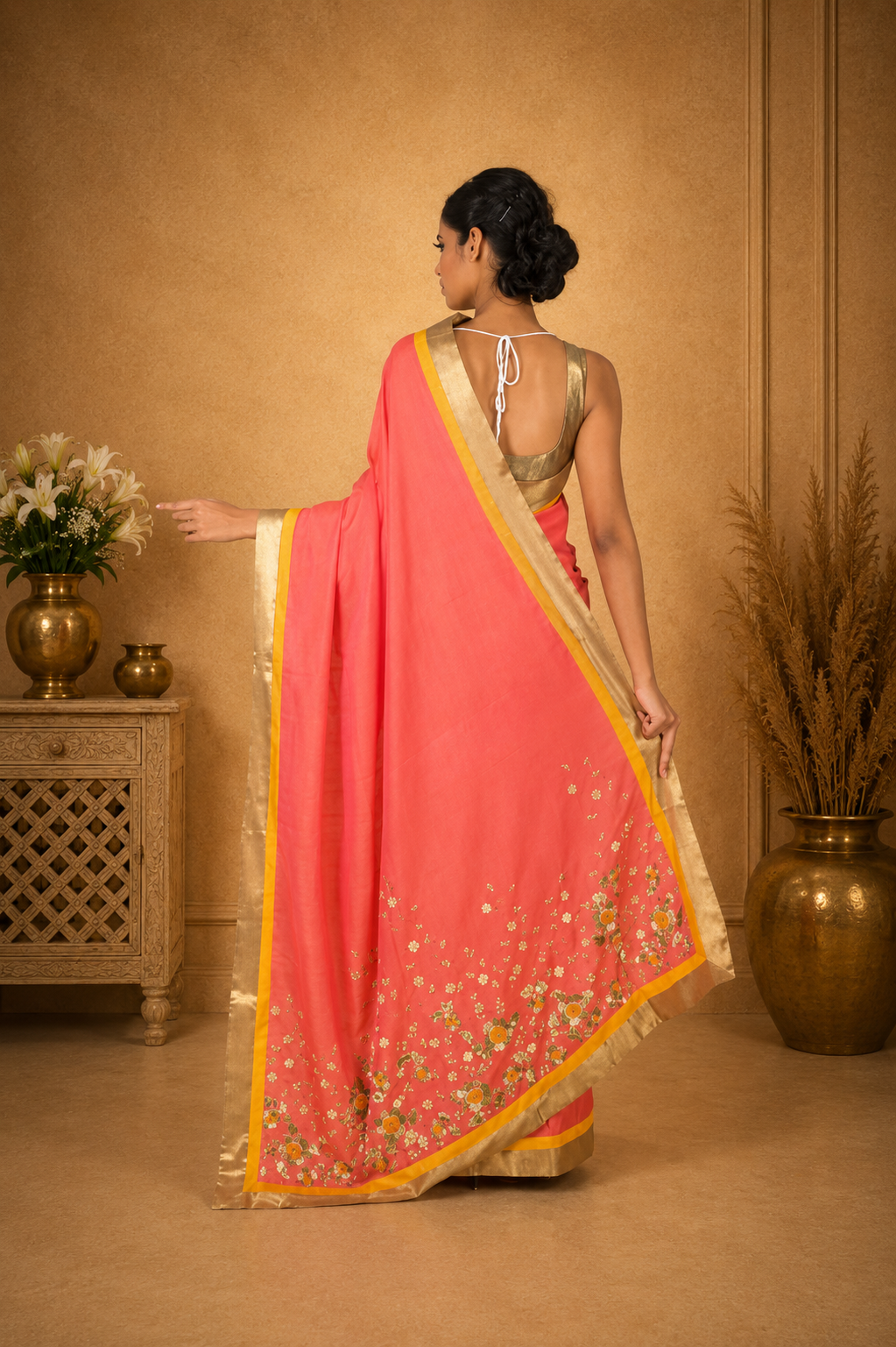 Elegant Coral Pink Silk Saree with Golden Zari Border