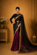 Classic Black & Magenta Checkered Designer Saree with Golden Border