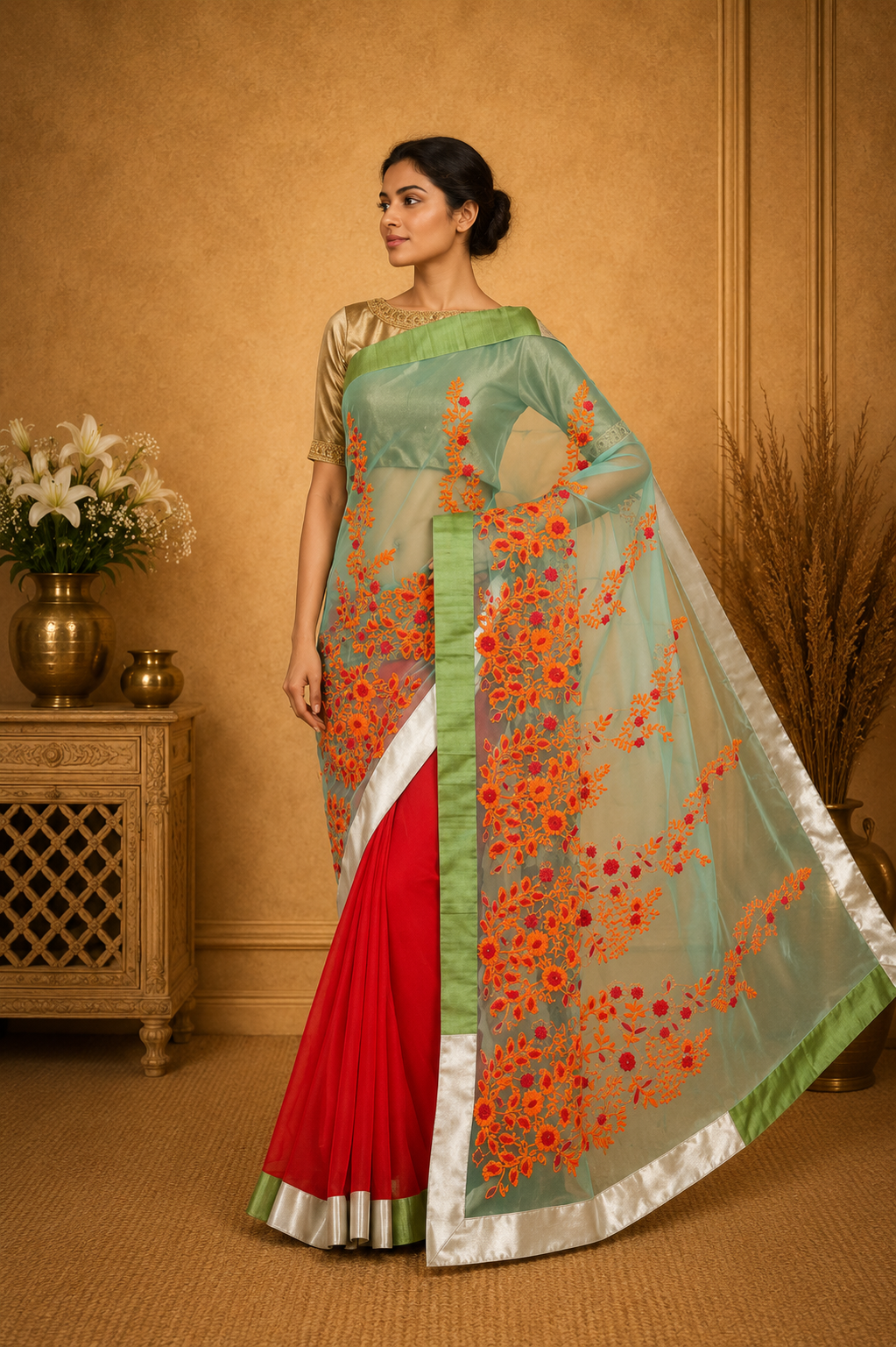 Ethereal Mint Organza Saree with Vibrant Floral Embroidery