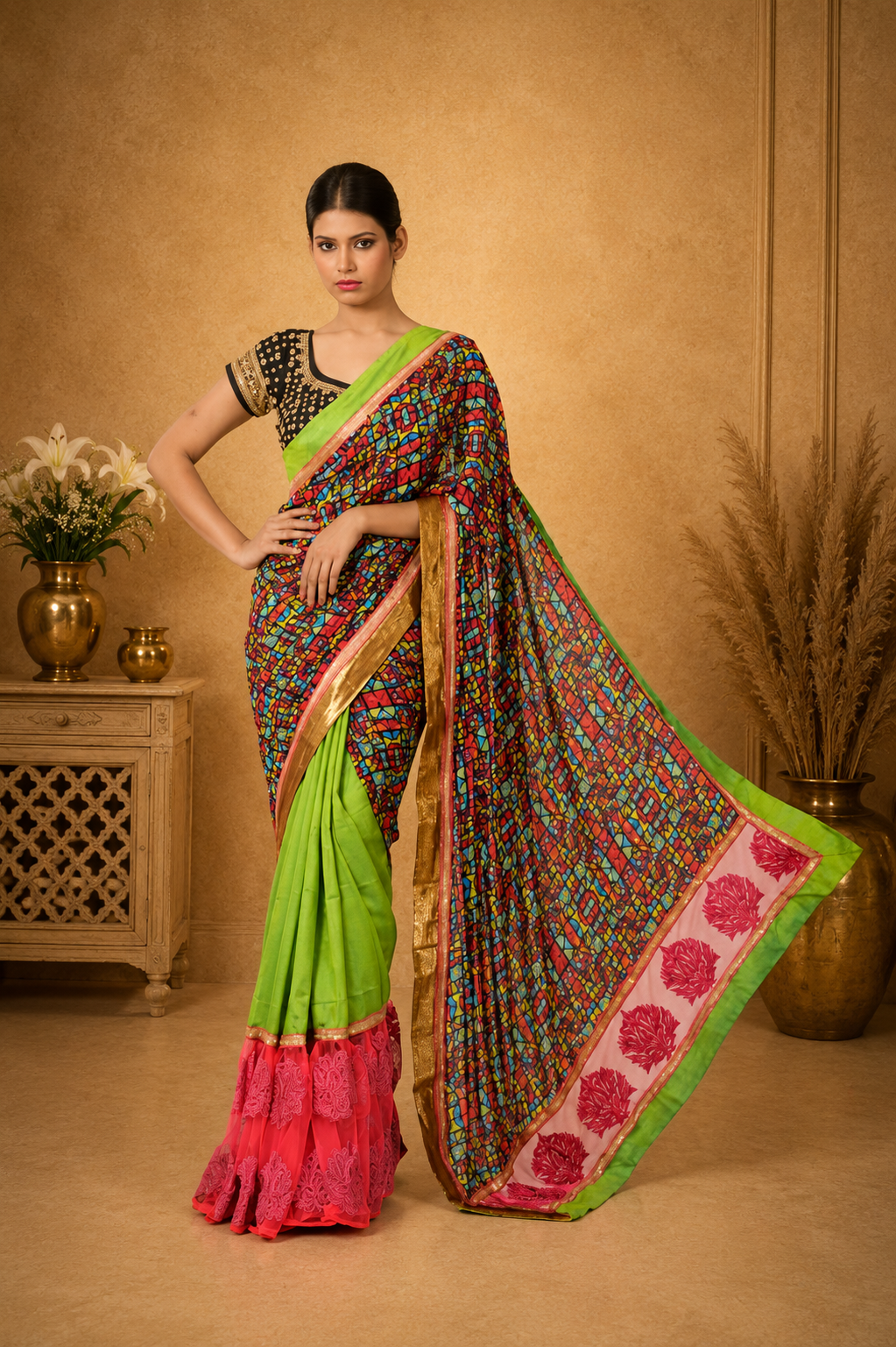 Vibrant Multicolor Designer Saree with Artistic Print & Green Drapes