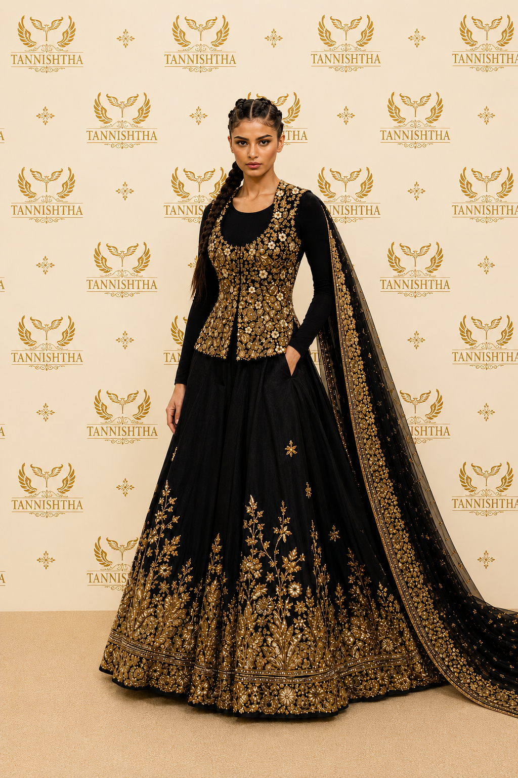 Midnight Black Couture Lehenga with Antique Gold Embroidery