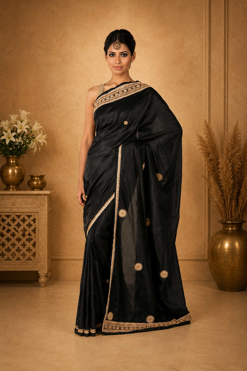 Elegant Black Designer Saree with Golden Embellished Border