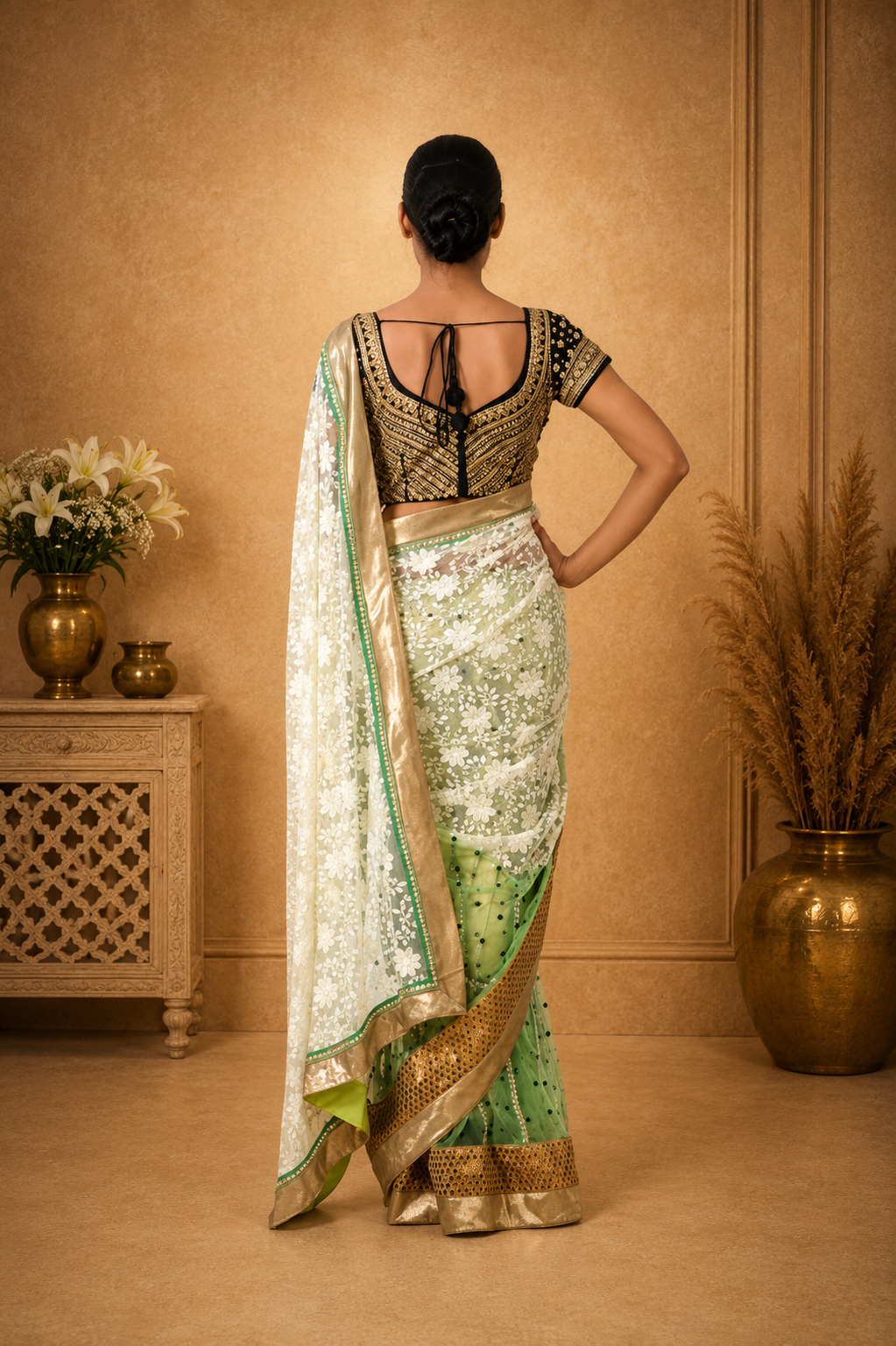 Graceful Ivory & Mint Green Designer Saree with Floral Net Embroidery