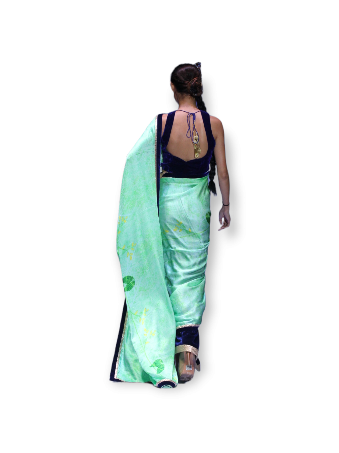 Green Peacock Saree with Shirt Collar Velvet Embroidered Blouse