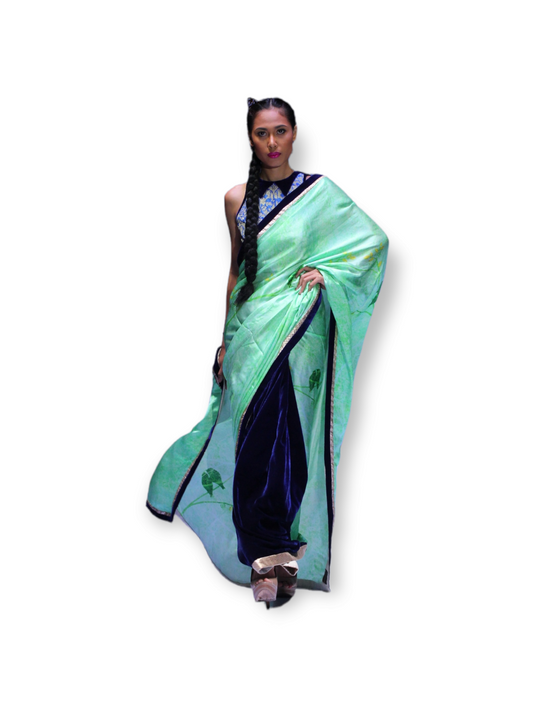 Green Peacock Saree with Shirt Collar Velvet Embroidered Blouse