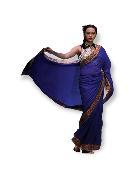 Royal Blue Saree with Shirt Collar Blouse