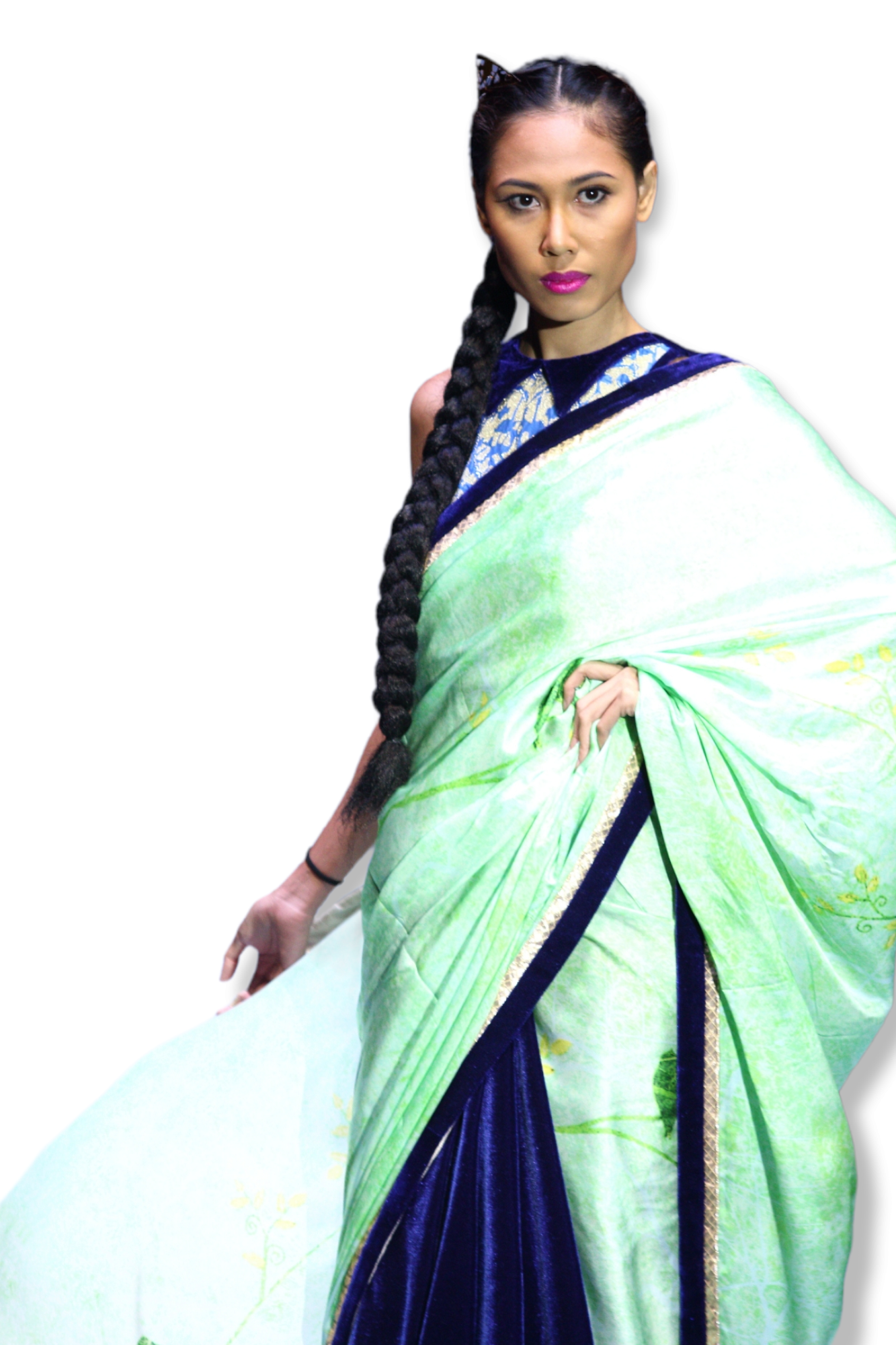 Green Peacock Saree with Shirt Collar Velvet Embroidered Blouse